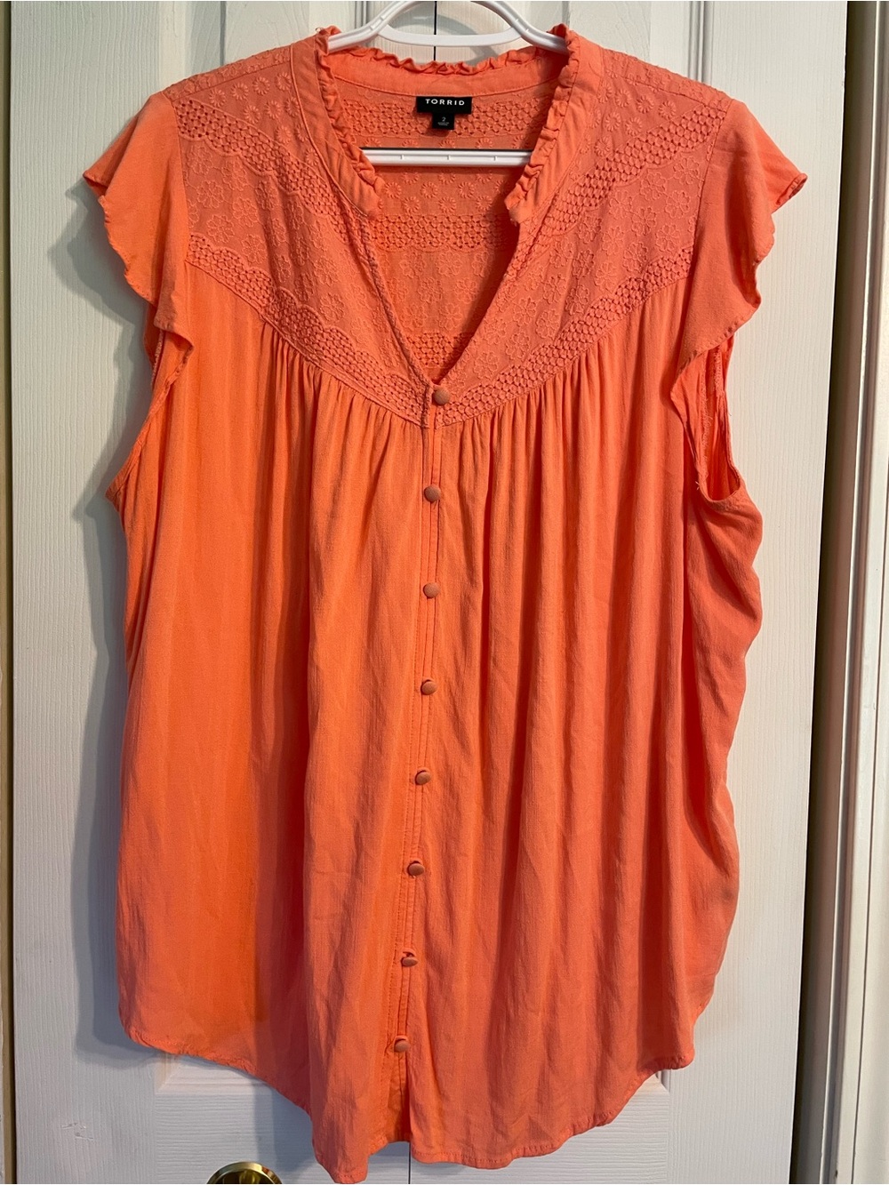 torrid Coral Lace-Yoke Button Front Blouse